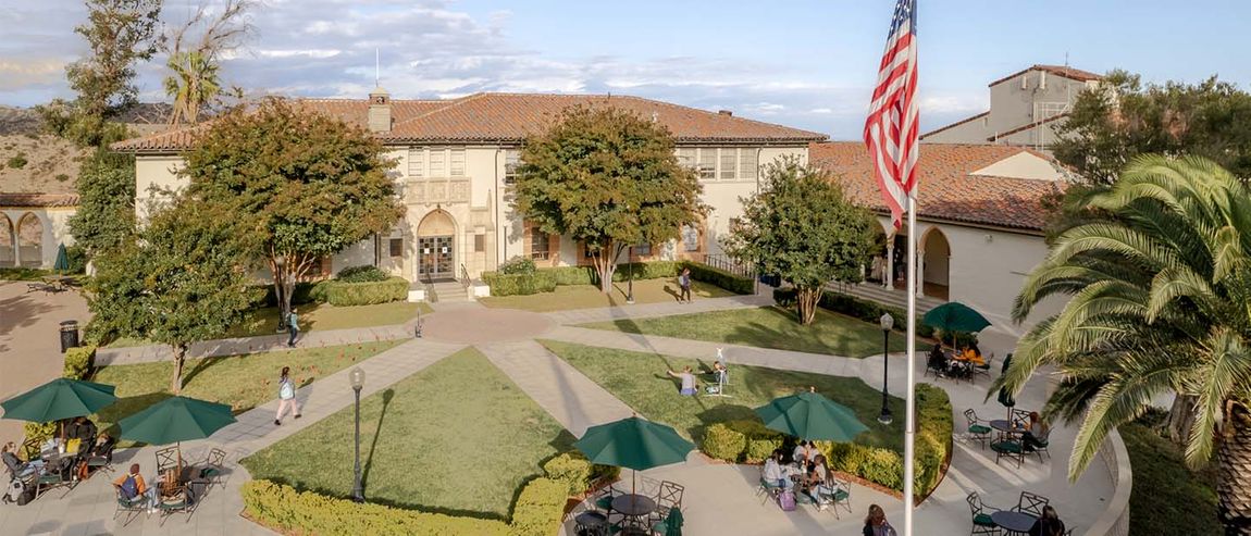 drone shot of Chalon campus with students walking around