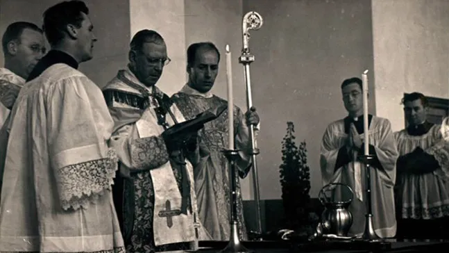 Archbishop John J. Cantwell blessing the Charles Willard Coe library at its dedication on May 11, 1947