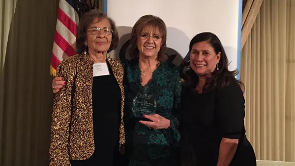 Mary Lou de Leon Siantz '69, center, with her former Mount professor, Betty Williams, right, and Angie Millan, former president of the National Association of Hispanic Nurses, at the National Hispanic Health Foundation gala on Dec. 14.