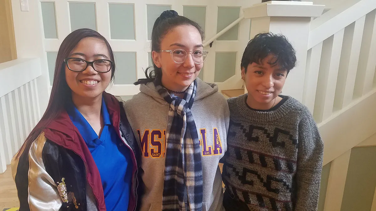 Mount students (from left) Rebecca Prompichai, Paola Castillo and Gabriella Quintanilla are all smiles after their panel discussion on Study Away in Japan.