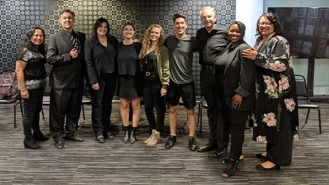 Myrna Aguilar '18 MFA, far left, with participants from the staged reading of her play last year at Sunset Gower Studios in Hollywood.