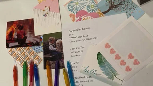 A selection of stationery, stamps, stickers and colorful pens gathered in advance of the letter writing session to isolated seniors, including our beloved sisters.
