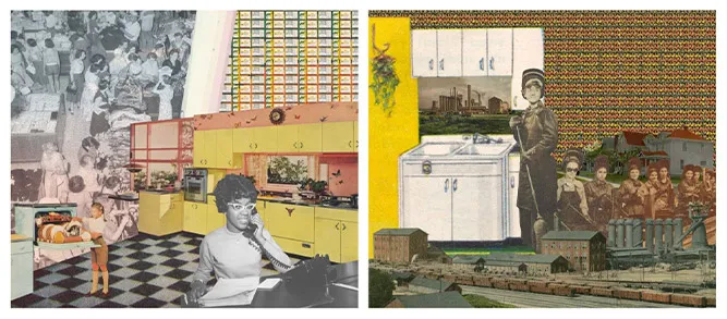 Vanderpool’s inspiration behind “Untold Stories” as her hometown’s shift from steel manufacturing powerhouse to postindustrial stagnation. Here, in “Akron to Youngstown,” 2020 (36” x 84”), the steel kitchens that epitomized the economic strength of the region in the decades following World War II play a prominent role.