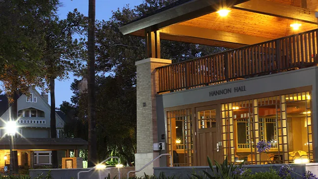 Thanks to funds provided by the Bill Hannon Foundation, Hannon Hall, shown here in transitioning light, is one of the student residences on the Doheny Campus.