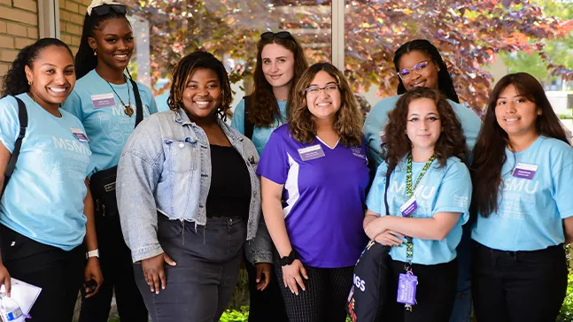 Selected student orientation leaders participated in a panel in Rose Hills Auditorium where they fielded questions on myriad topics from curious incoming students. Back row (left to right): Lady Jones, Sloane Jacobs and Aniya Beacham. Front row (left to right): Aliia Donald, Lalibela Faraba, Erika Coreas, Emily Hellstrom and Crystal Garcia.