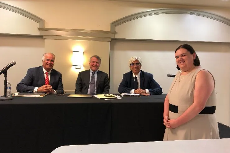 Kenneth Doran, Dean Kitchens and Theodore Boutrous (three members of the panel of judges), and Melanie Sava ’17.