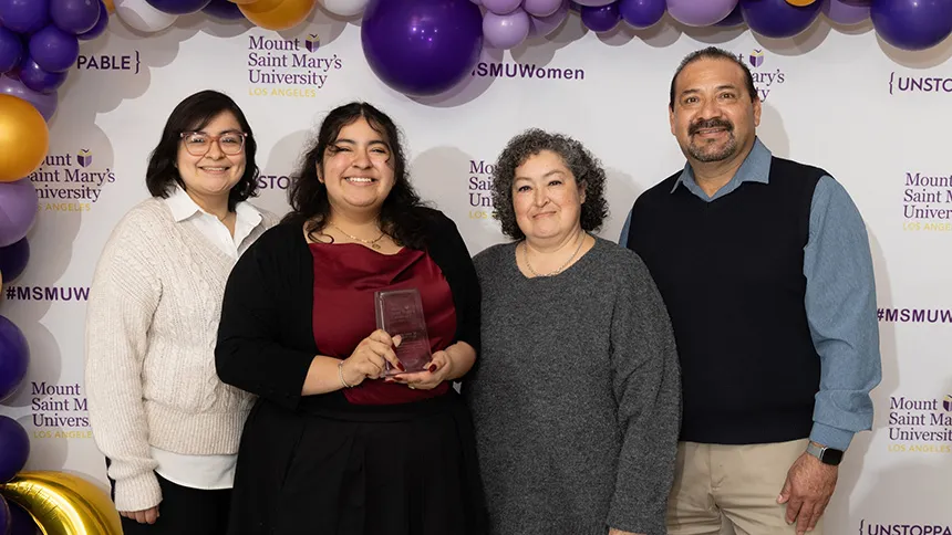 Unstoppable Scholar Aurora Torres ’24 with her parents and her sister at the President’s Scholarship Luncheon.