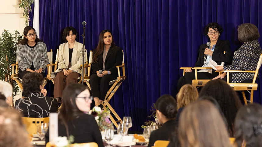 Left to right: students Cassandra Morin-Gaona ’24, Graciela Escamilla ’24, Nichole Bondocoy ’26 and  Deanna Solorzano ’24 participated in a panel led by Shannon Green, director of the CSJ Institute.