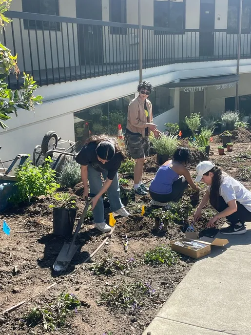Students gardening and working on the project.