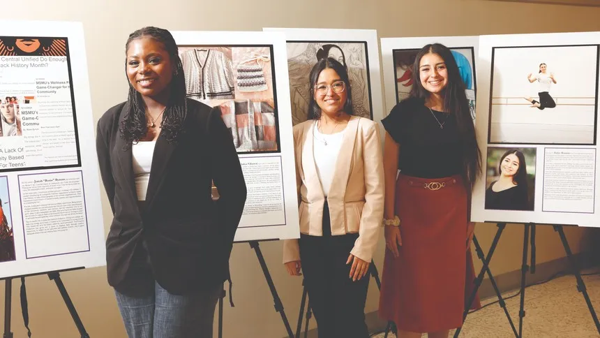 Jariah 'Roxie' Byum, Julissa Villarreal and Dulce Romero present their projects at a Creative Collective exhibit in February.