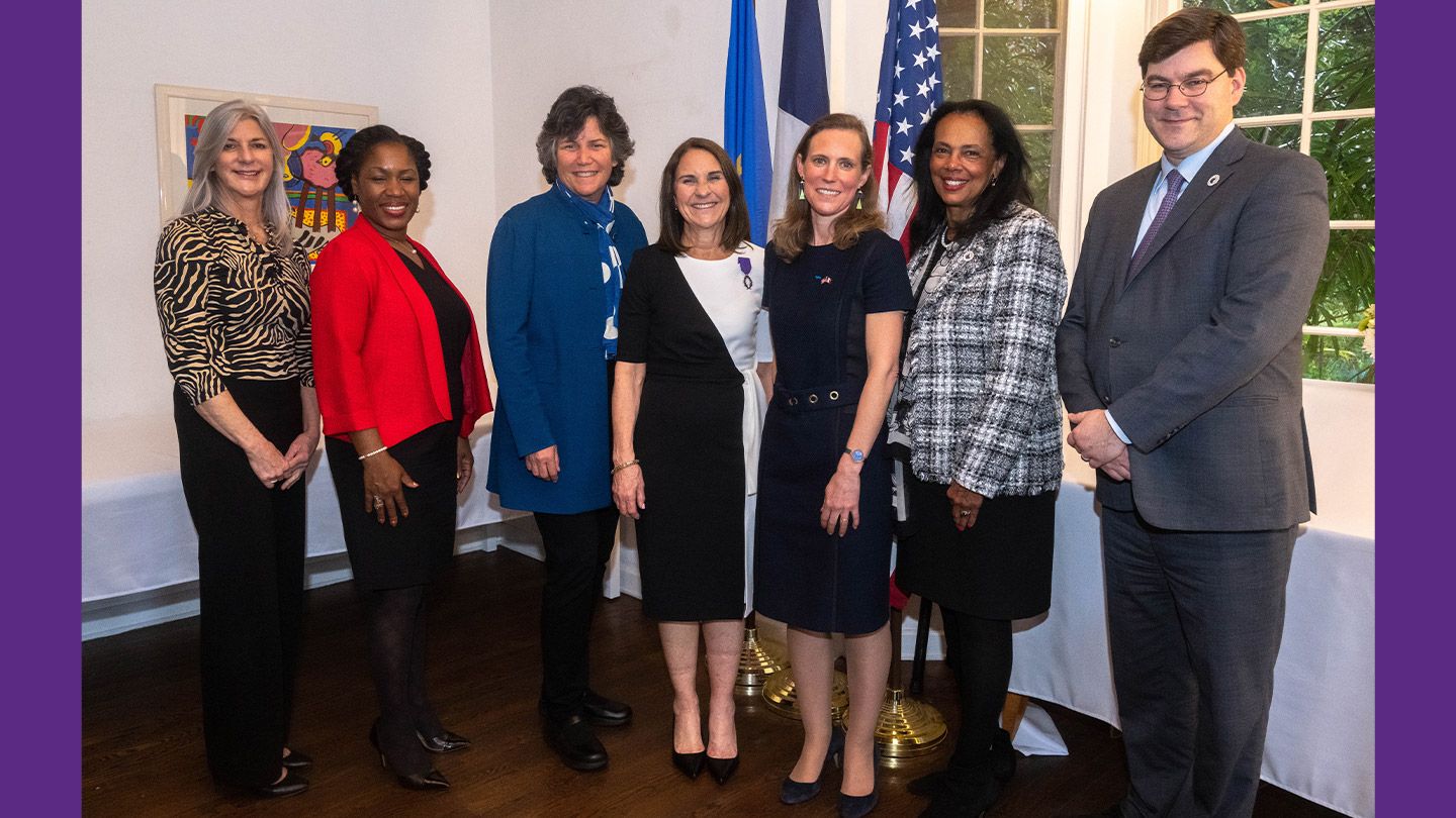 Félicitations! The President's Cabinet celebrates (left to right): Susan Dileno, VP of enrollment management; Krishauna Hines-Gaither, VP of equity, diversity and justice; Stephanie Cubba, VP of institutional advancement; President Ann McElaney-Johnson; French Consul General Julie Duhaut-Bedos; Linda McMurdock, VP of student affairs; and Daniel Prosterman, interim provost and VP, academic affairs.