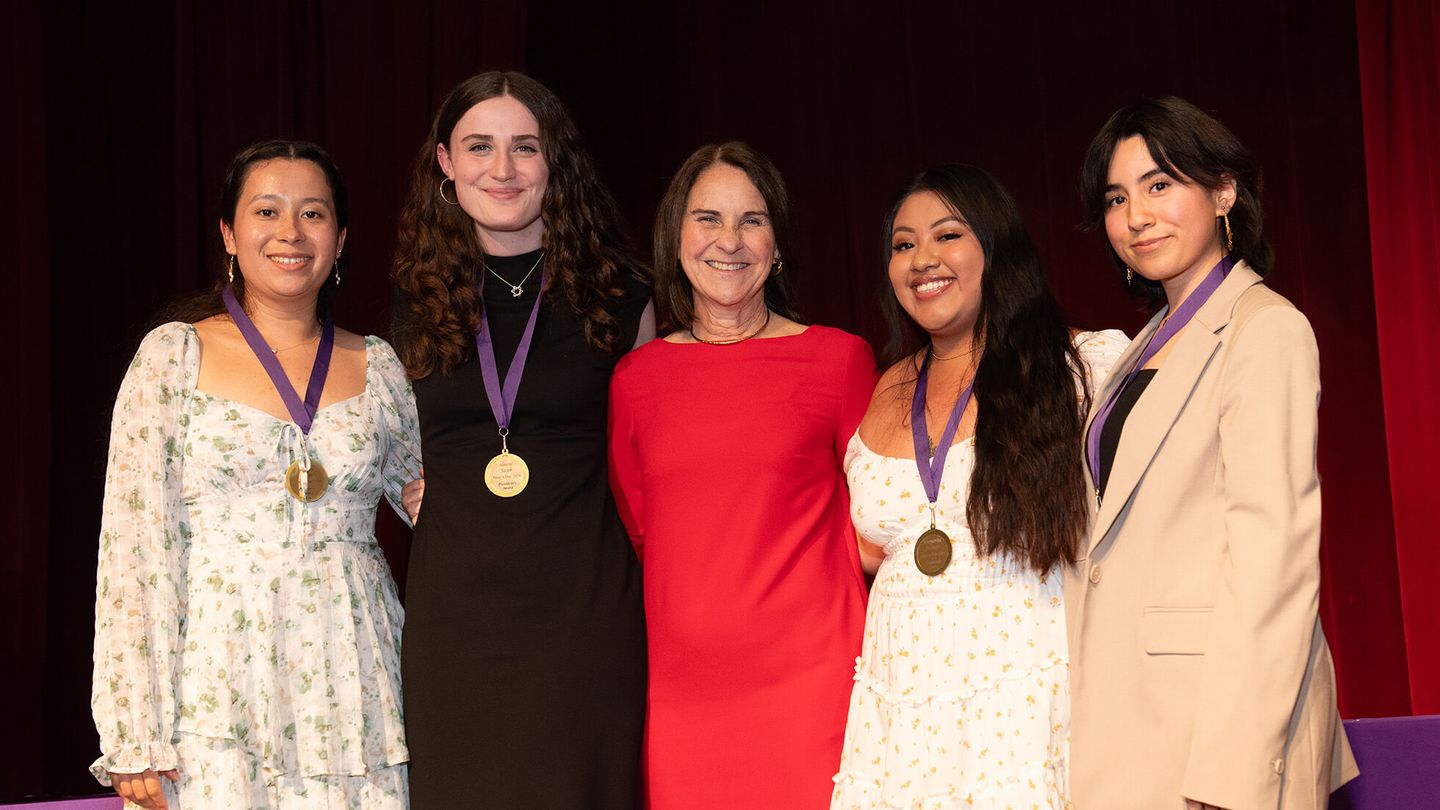 President's Award recipients Anette Galan, Sloane Jacobs, Emily Martinez, Margarita Santiago, and Graciela Escamilla with ÿ�մ������ President Ann McElaney-Johnson, PhD, at the Mary’s Day Awards ceremony.