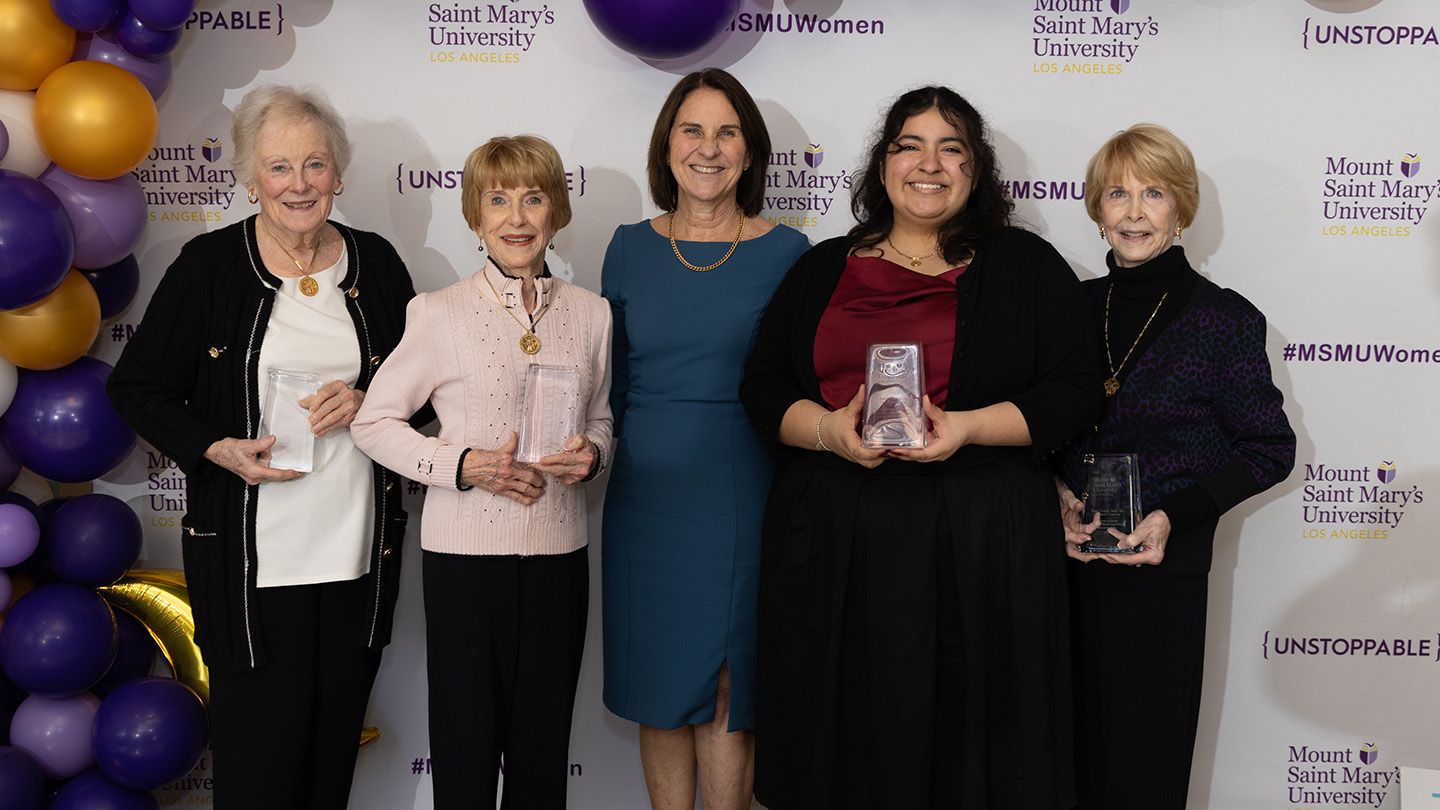 Sharon Leahy, Mickey Leahy Payne, President Ann McElaney-Johnson, PhD, Aurora Torres and Peggy Leahy Starr at the President’s Scholarship Appreciation Luncheon.