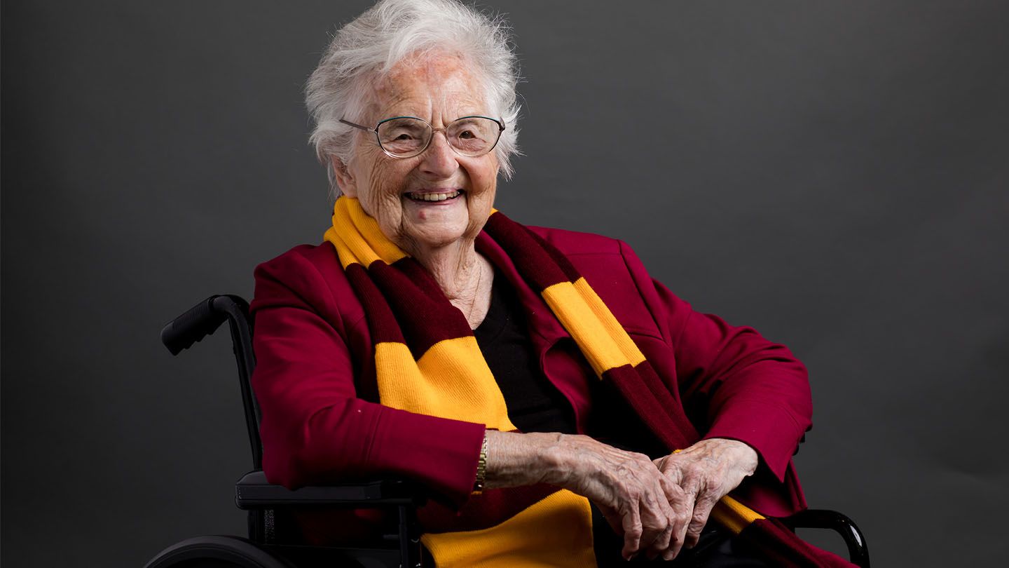 Jean Dolores Schmidt, BVM, ‘49 turned 105 on last August 21. Image courtesy of Loyola University Chicago Athletics.
