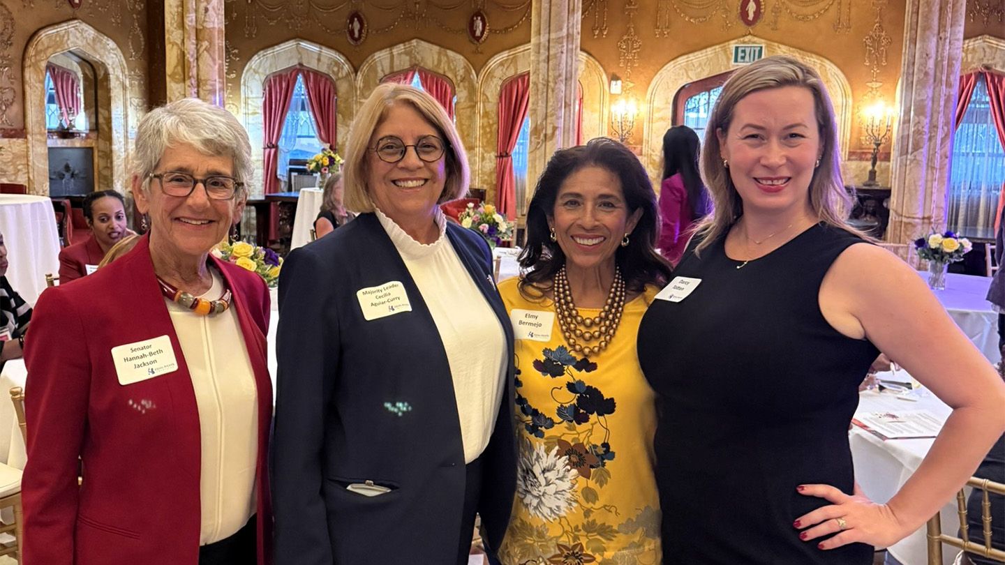 From left: former California Senator Hannah-Beth Jackson, California State Assembly Majority Leader Cecilia Aguiar-Curry, San Francisco Commissioner Elmy Bermejo and CCSWG Executive Director Darcy Totten at the Doheny Mansion during the statewide women’s convening on November 10.