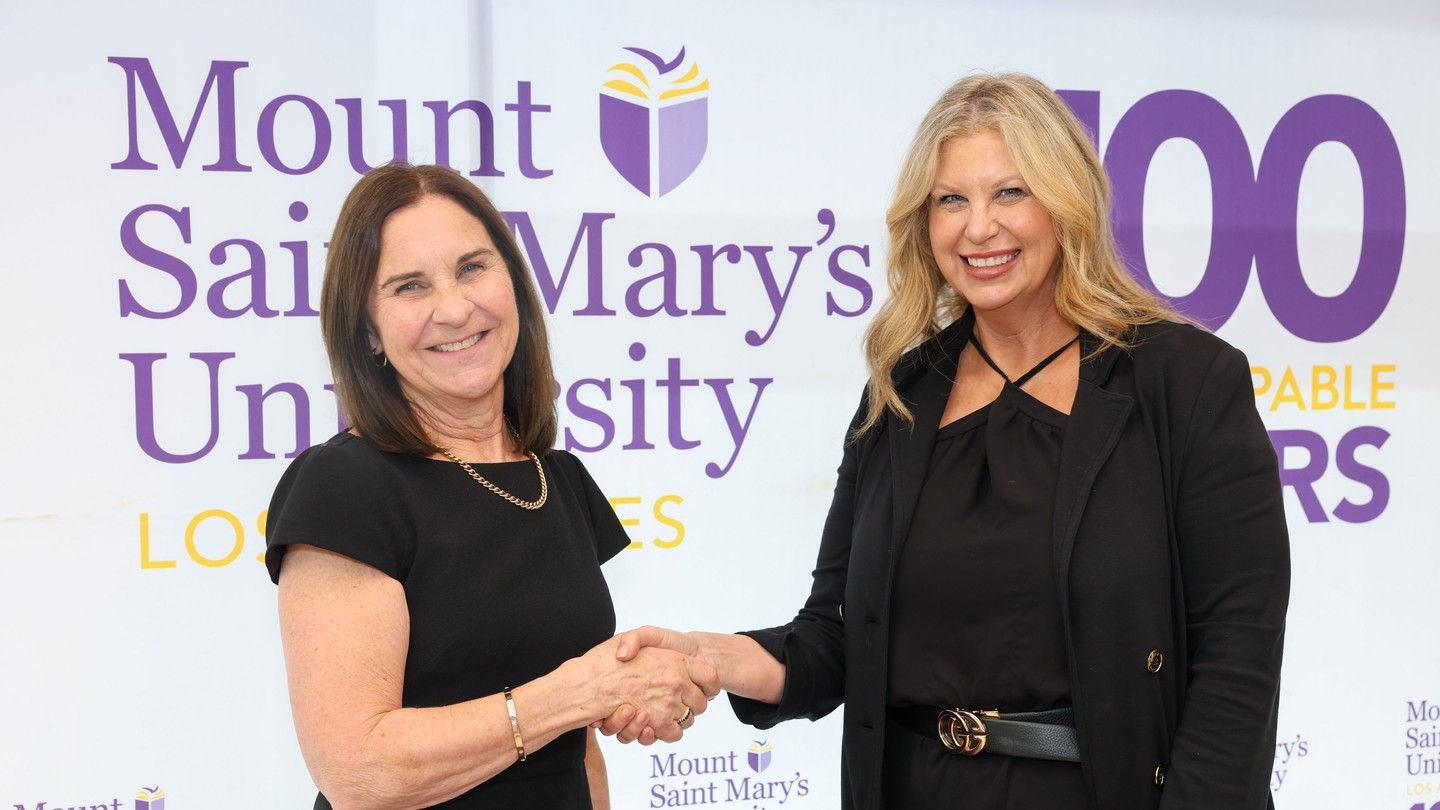 Mount Saint Mary's University President Ann McElaney-Johnson (right) and Marymount Education Foundation Executive Director Robyn Jones at partnership signing in February 2026.
