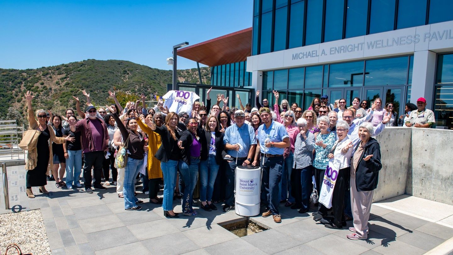 Students, faculty, staff, alumnae, CSJs and friends gather outside the Michael A. Enright Wellness Pavilion at the Chalon Campus on April 29, 2026, for Mount Saint Mary’s University’s 100th Anniversary Time Capsule Ceremony, marking a milestone moment as the capsule was placed for future generations.