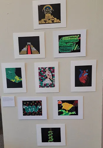 Seventh grade student art projects based on what they learned in their World History class