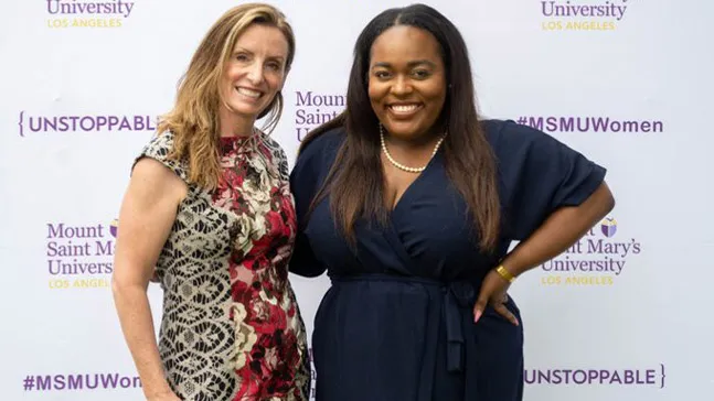 The opening keynote speaker (left) Dee O’Neill, MS, LPC, BCN, CEO and co-founder of NeuroCognitive Fitness, with Ashley Joseph, EdD, director of Women’s Leadership and Community Engagement