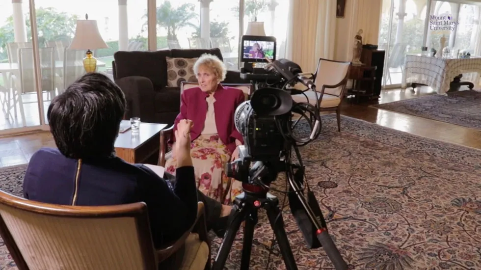 Sister Callista Roy ’63 chats on camera with Shannon Green, director of the CSJ Institute.