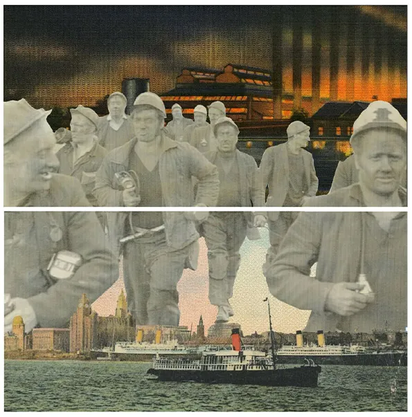 Part of “Untold Stories,” these two panels comprise “Pittsburgh to Liverpool,” 2000 (168” x 84”). The composition builds on the work that Vanderpool started in her examination of the region surrounding her hometown. Both works pictured here are archival photographic intervention digital prints.
