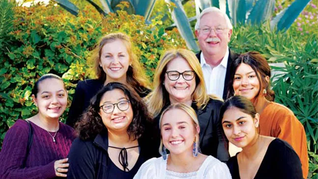 At the spring 2020 Vantage Point Speaker Series event, Chalon business students gather with faculty member Dennis Signorovitch, MA, and speaker Leslie Appleton-Young, senior vice president and chief economist for the California Association of Realtors.