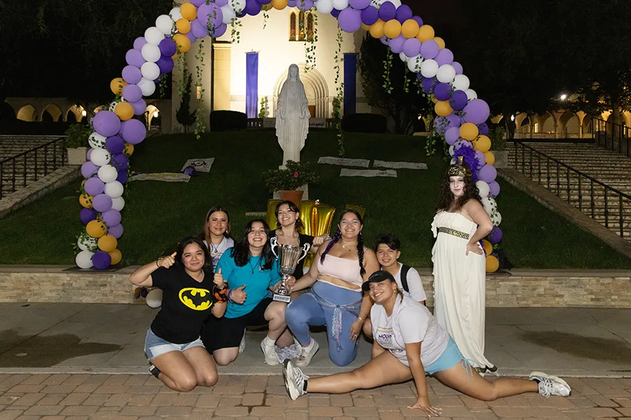 Athenian Day '23 winning team “Passion Energy” with Athena in front of Mary Chapel at Chalon