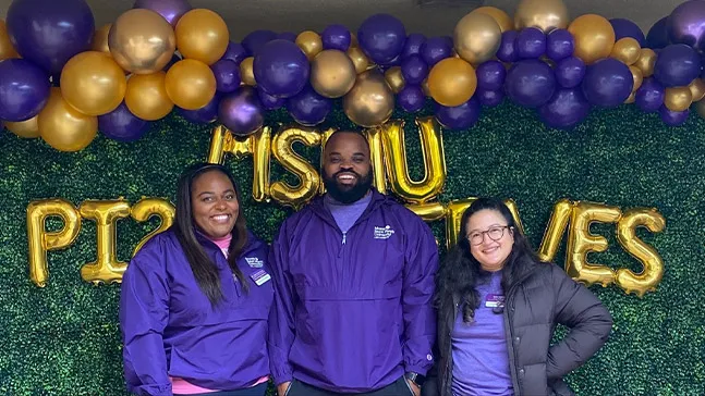 Three colleagues ready for action (from left to right): Ashley Joseph, EdD, director of Women's Leadership and Community Engagement; Chris Barnes, director, student involvement and inclusion, women's leadership program; and Karla Guzman, assistant director, Women's Leadership and Community Engagement, who was the main coordinator of this event.