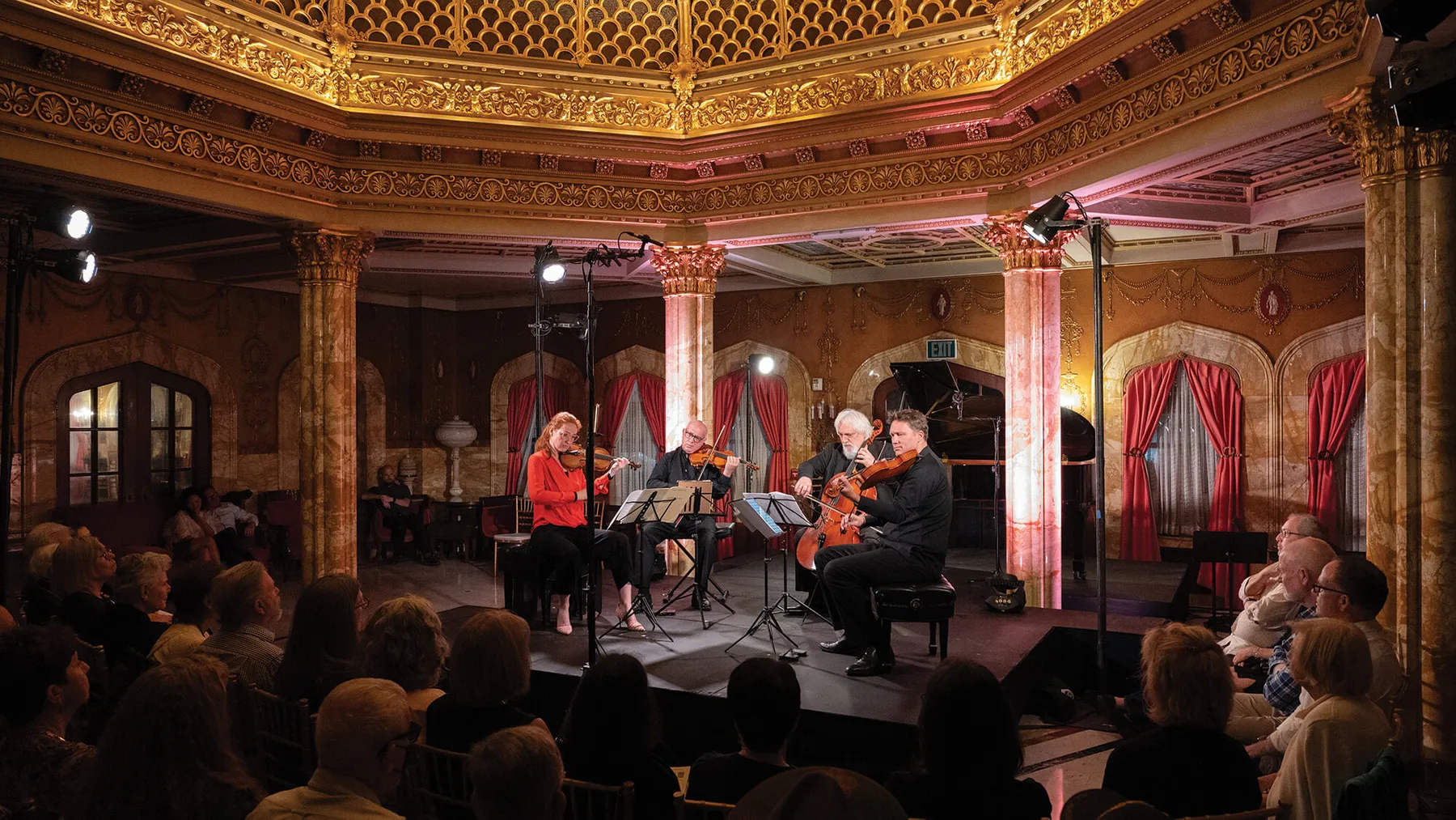 New Hollywood String Quartet performing in the Pompeian Room in May 2022.