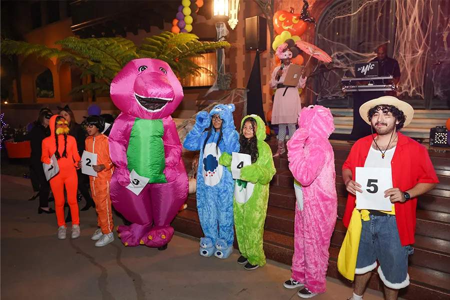 Participants in creative and colorful costumes line up on stage for the costume contest.