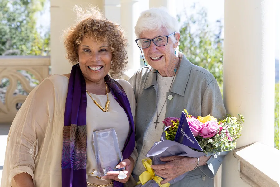 Shelli Amber Weekes ’84 (left) and Sister Kieran Vaughan, CSJ, ’64 received this year’s Outstanding Alumnae Awards for their notable achievements and lasting contributions in their respective fields.