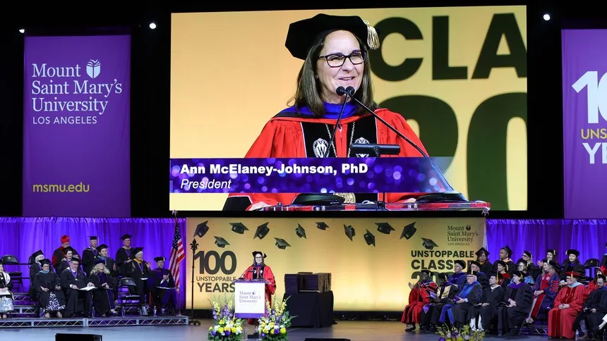 ˮ���� President Ann McElaney-Johnson delivers a heartfelt address at Commencement 2026.
