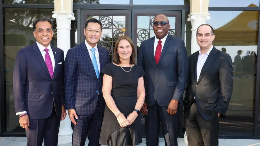 Left to right: university presidents John A. Nunes, California Lutheran University; Thomas Poon, LMU; Ann McElaney-Johnson, ˮ����; Christon Arthur, La Sierra University; and Matthew J. Parlow, Chapman University.