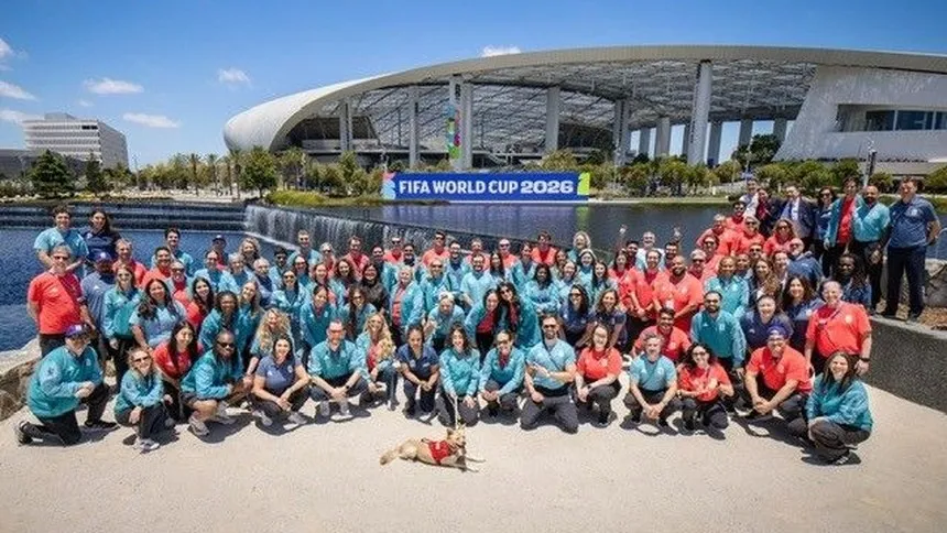 Crystal Calvillo with the venue technology team at SoFi Stadium during the FIFA World Cup 2026.