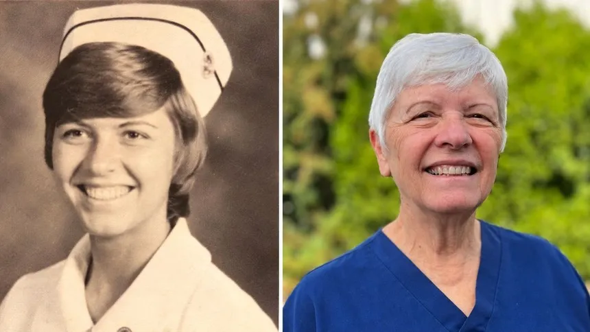 Debby Adema ’76 as a 91ɬ�� student (left) and today (right).