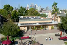 drone view of doheny campus with DTLA in background