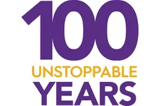 100 unstoppable years purple and gold logo