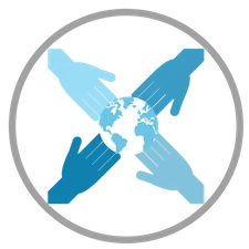 Simple art style of four blue hands touching a small Earth globe in the center