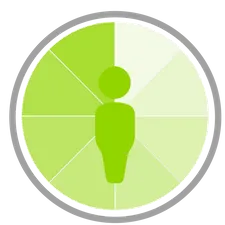 A green circle broken into eighths, each faded into the white background more than the last with a simple outline of a green person in front.