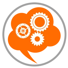 Simple art style of an orange thought bubble with white gears inside