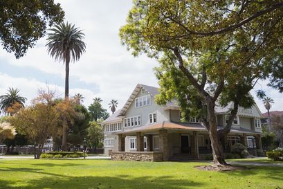 building 10 on doheny campus, a green and white building with palm trees on the left and a larger tree on the right and some green grass in front