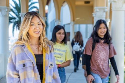 Student looking at the camera and students walking at the Chalon Campus.