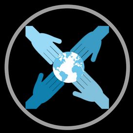 Simple art style of four blue hands touching a small Earth globe in the center