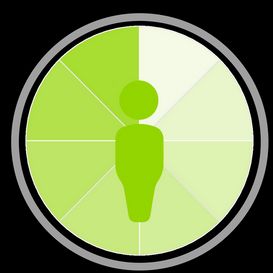 A green circle broken into eighths, each faded into the white background more than the last with a simple outline of a green person in front.