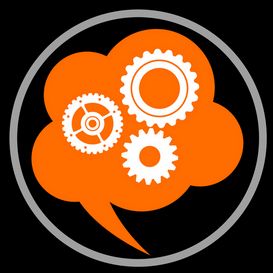 Simple art style of an orange thought bubble with white gears inside
