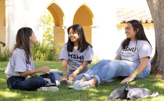 Students sitting and talking outdoors.