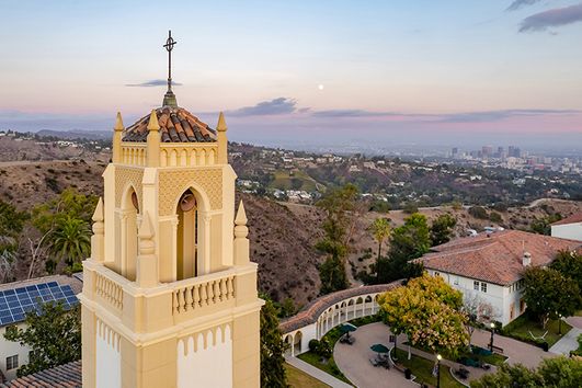 An aerial shot of the bell tower at 91ɬ��'s Chalon Campus