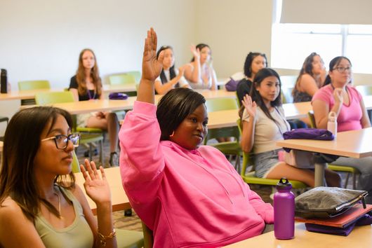 Students in a classroom raising their hands