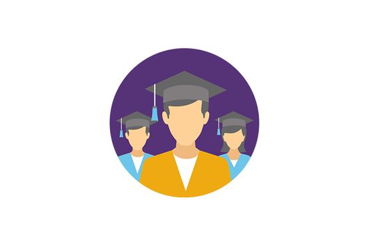icon with purple background, three anonymous students with graduation caps