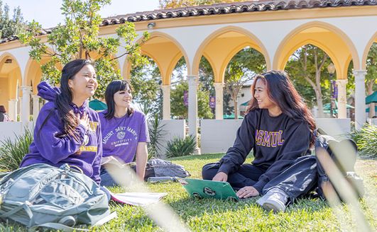 Students sitting and talking in the grass at the Circle.